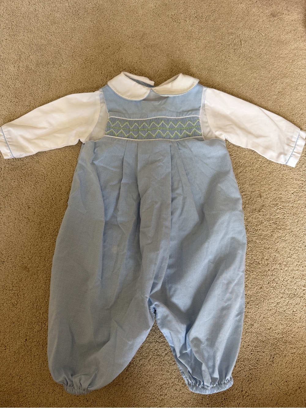 Petit Ami Light Blue Gingham Baby Romper with White Collar